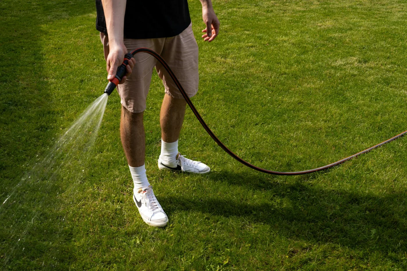 Granular fertilizer application on a green lawn — calibrated broadcast spreaders deliver even coverage where hand-spreading produces striped over- and under-application